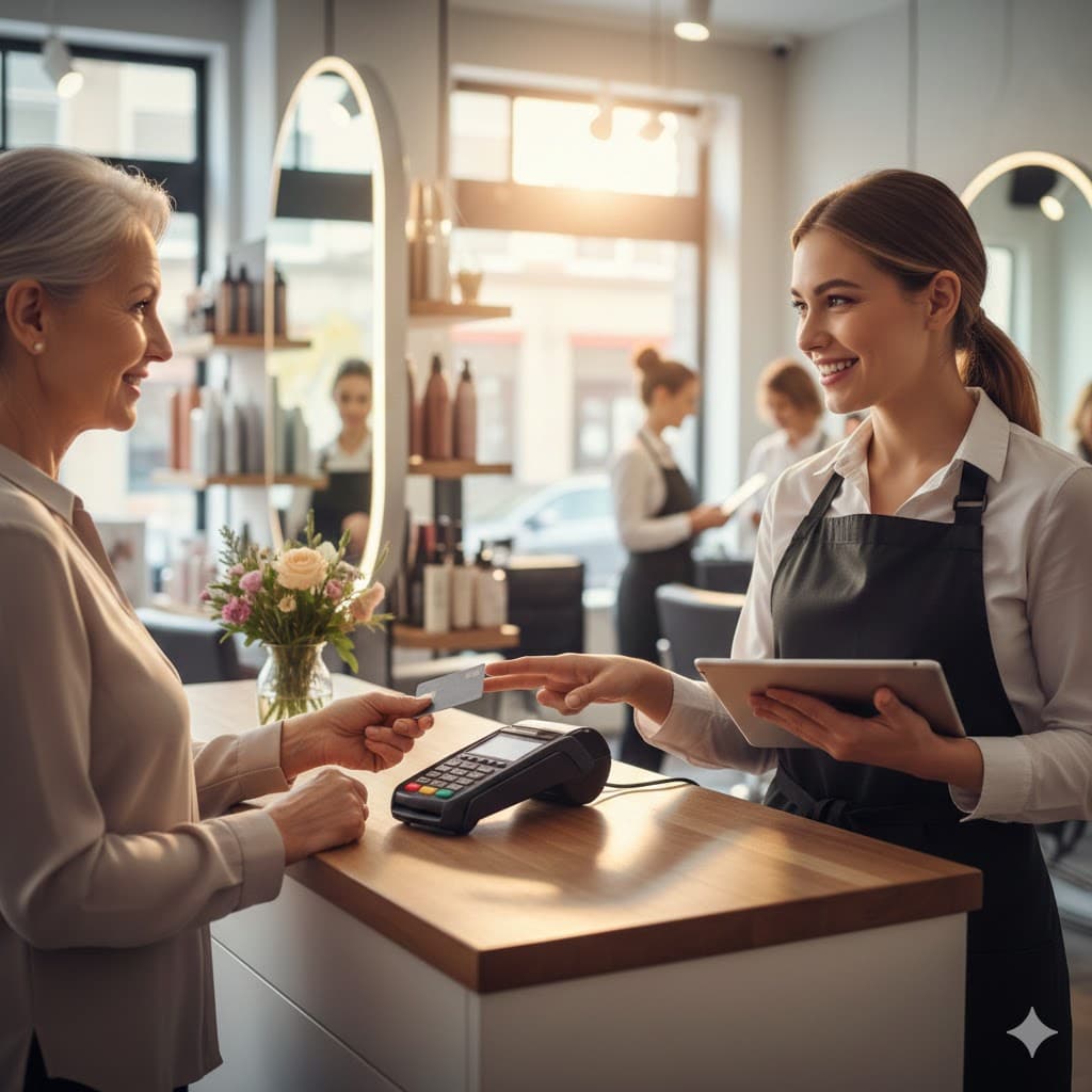 Kartenlesegerät Friseur: Kunde bezahlt kontaktlos im Friseursalon