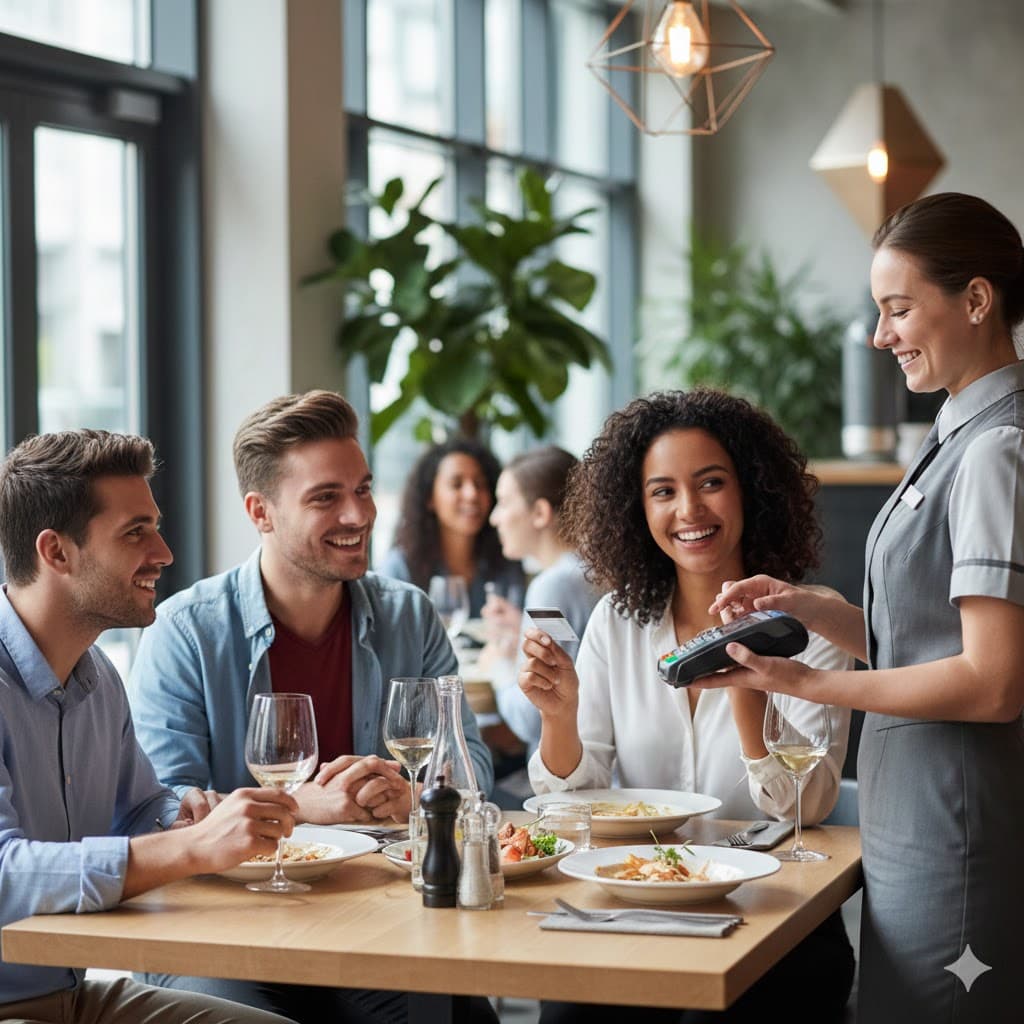 Kartenlesegerät Gastro: Gast bezahlt kontaktlos im Restaurant
