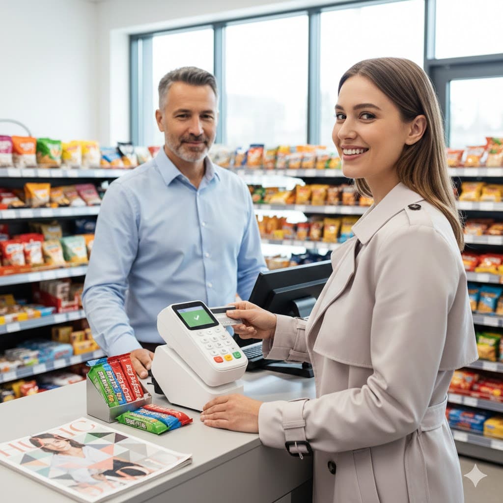 Kartenlesegerät Kiosk: Kunde bezahlt kontaktlos am EC-Gerät in einem modernen Kiosk