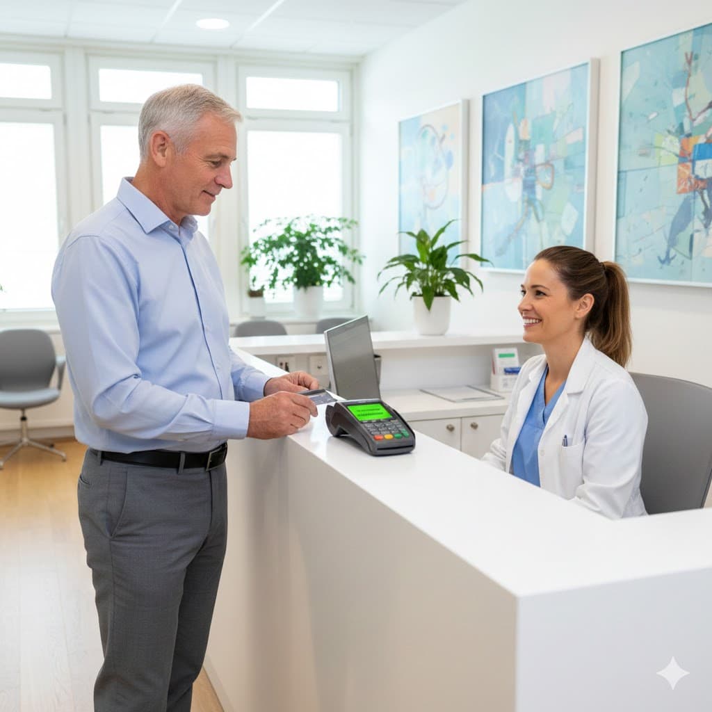 EC-Gerät Arztpraxis: Kontaktloses Bezahlen am Kartenterminal in einer modernen Arztpraxis