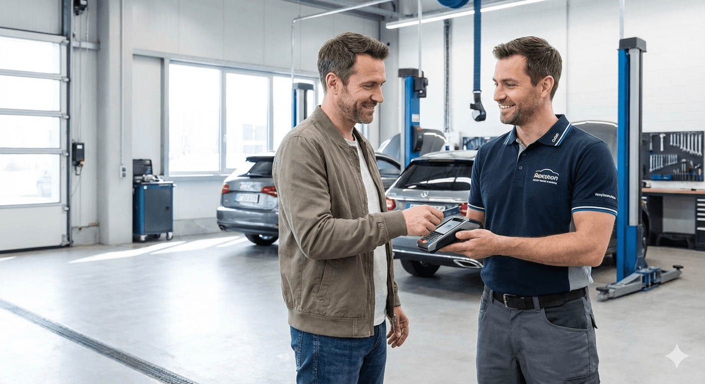 EC-Gerät Autowerkstatt: Kunde bezahlt Reparaturrechnung per Kartenlesegerät in der Werkstatt
