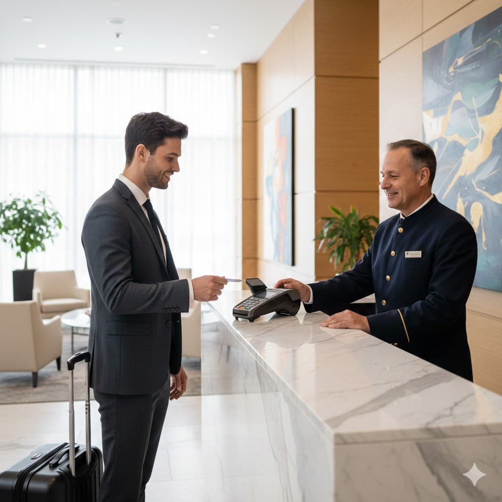 EC-Gerät Hotel: Gast bezahlt kontaktlos an der Hotelrezeption mit Kartenterminal