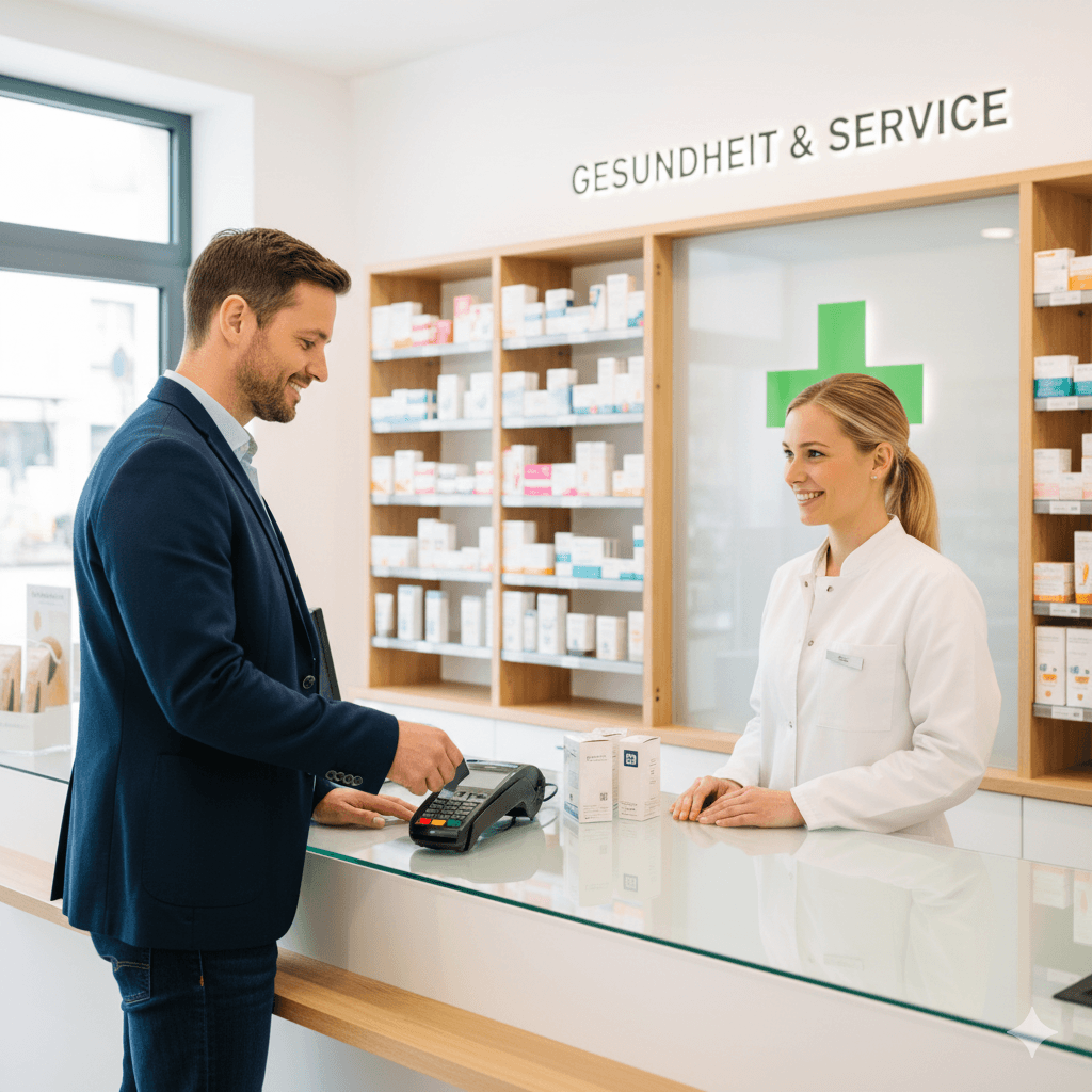 Kartenlesegerät Apotheke: Kontaktloses Bezahlen am EC-Terminal in einer modernen Apotheke