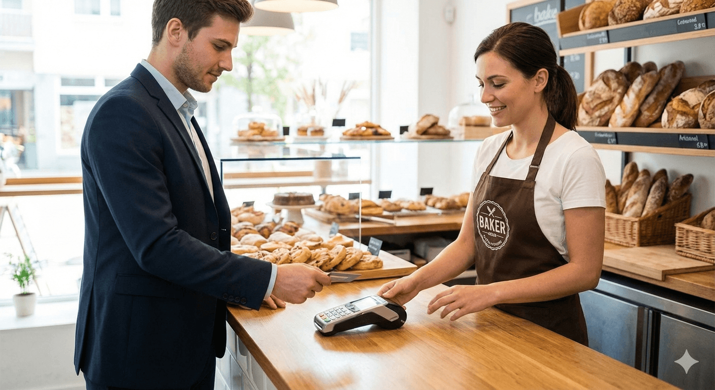 Kartenlesegerät Bäckerei: Kontaktlose Kartenzahlung an der Theke einer modernen Bäckerei
