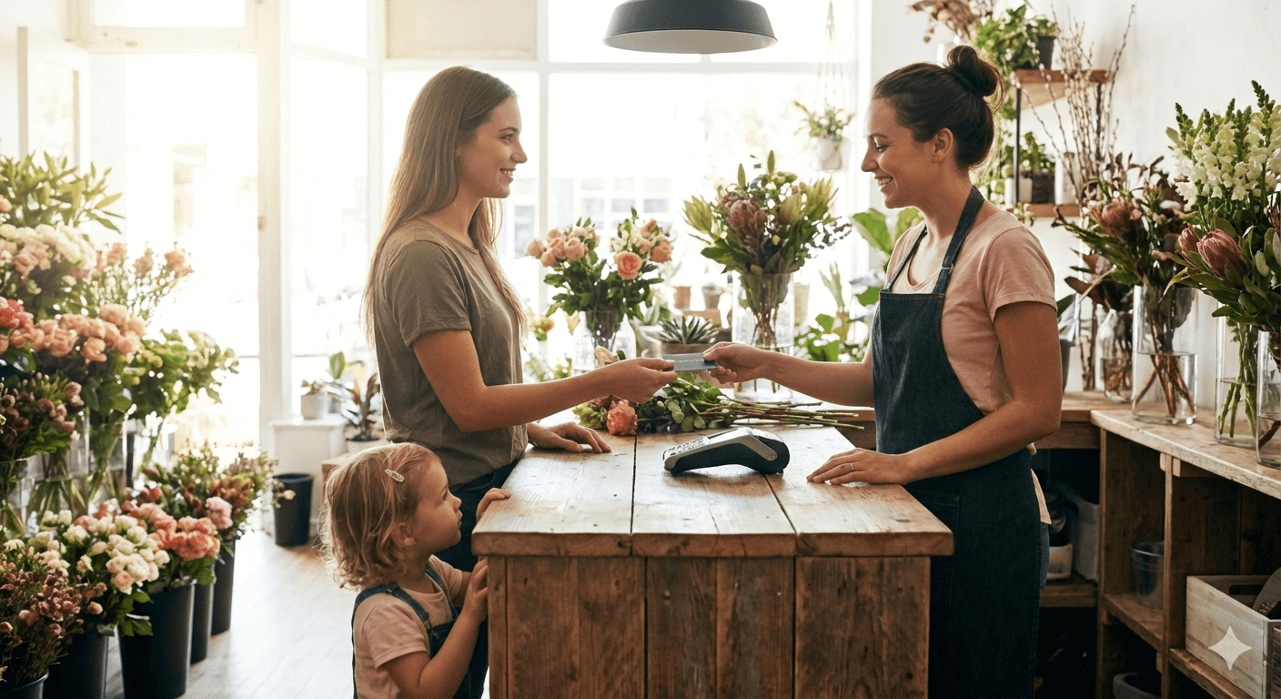Kartenlesegerät Blumenladen: Kundin bezahlt Blumenstrauß kontaktlos im Blumenladen
