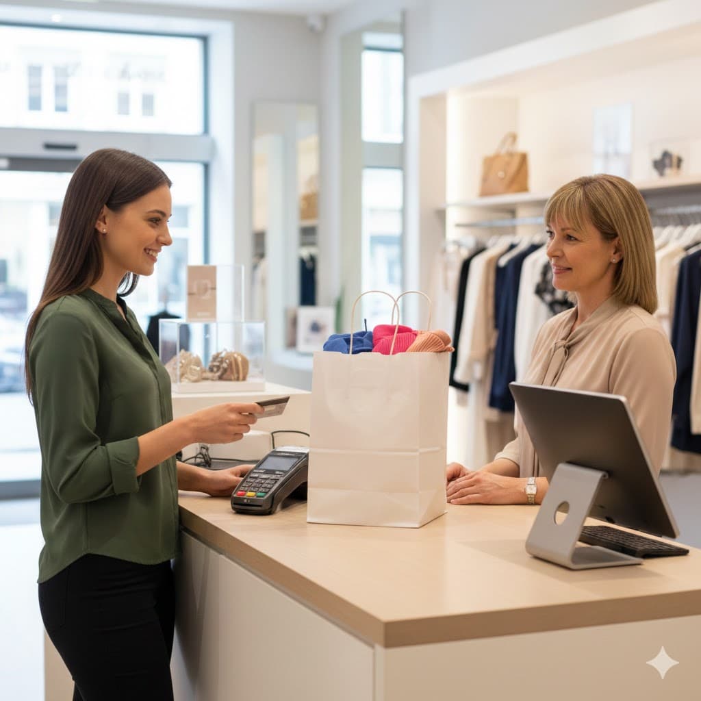 Kartenlesegerät Einzelhandel: Kontaktlose Kartenzahlung an der Kasse eines modernen Geschäfts