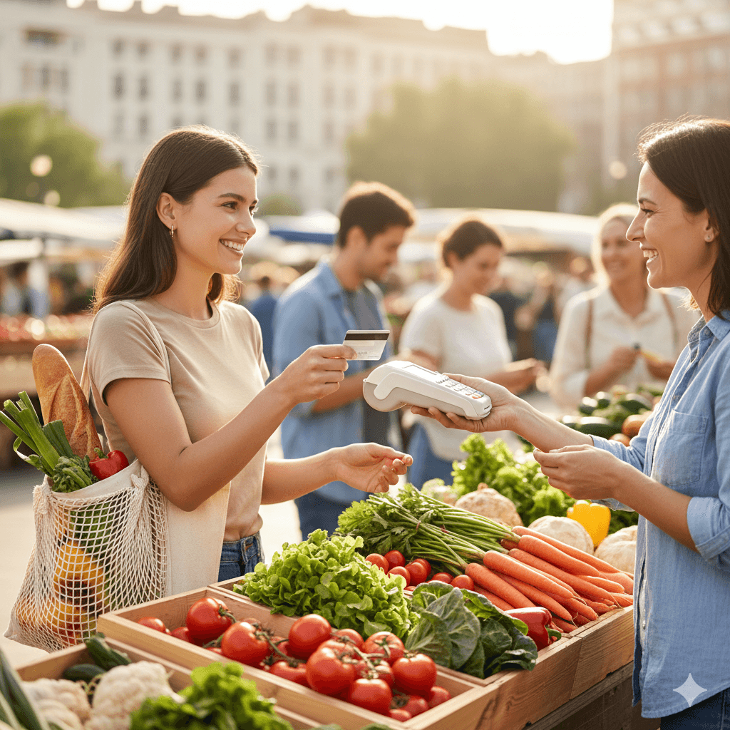 Kartenlesegerät Marktstand: Kontaktlose Kartenzahlung auf dem Wochenmarkt